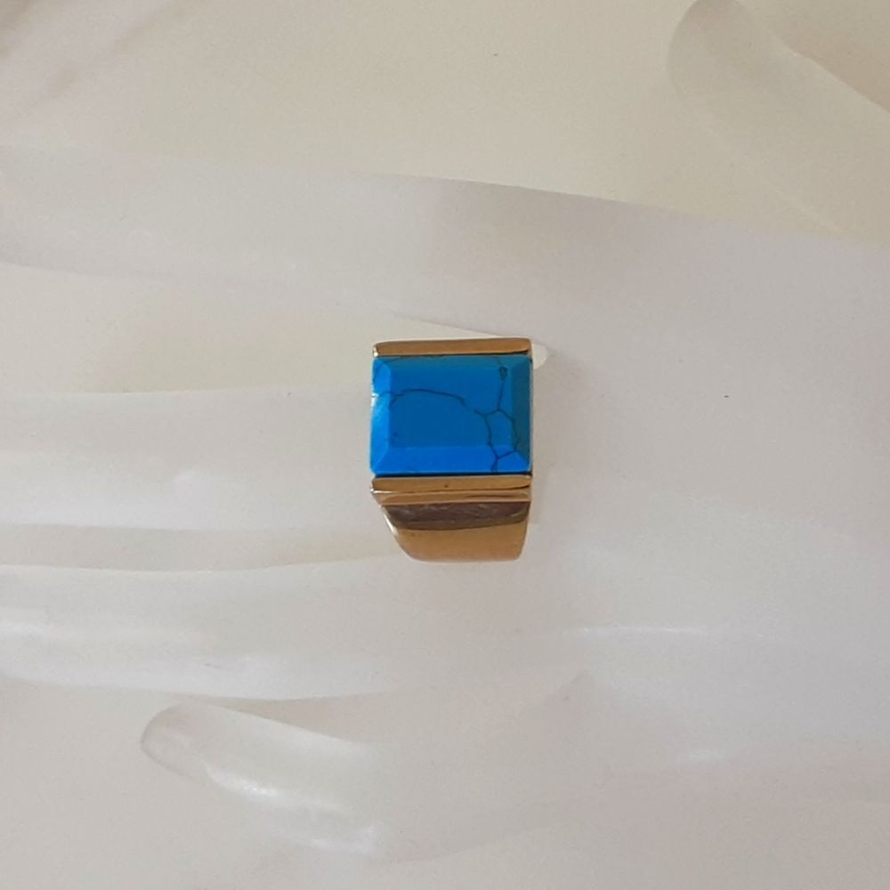 Simulated Blue Turquoise Stone Gold Plate Over Stainless Steel Ring Sz 8 -Unisex